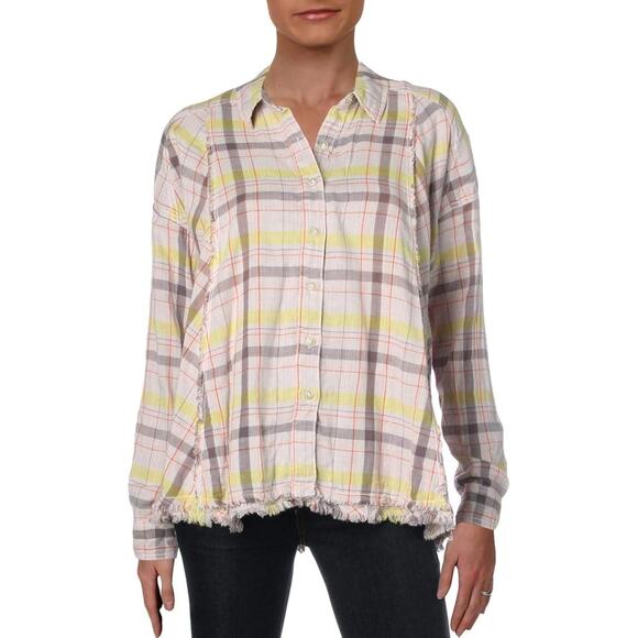 We The Free Seeking Starlight Plaid Button Front Casual Top Pink Size Large - Picture 1 of 12